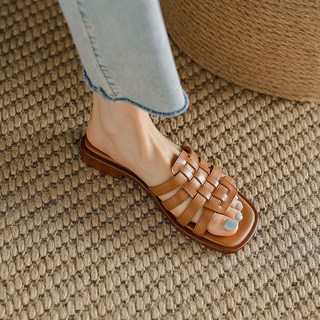 Silvers 女士皮革羅馬綁帶拖鞋, 245, 棕色