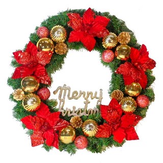 MODACore 摩達客 24吋浪漫朵朵聖誕花豪華綠色聖誕花圈福臨圈, 紅金系, 1個