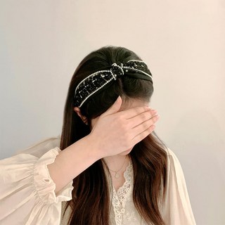 아펙토 트위드 진주 리본 와이드 헤어밴드