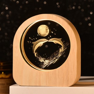 Yeonha 水晶圓形木質框架 LED氣氛燈+禮物包裝, 海豚