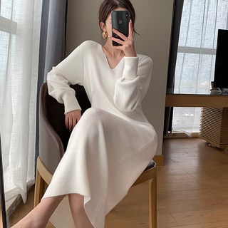 POPLARNC Basha V領針織連身裙, 白色