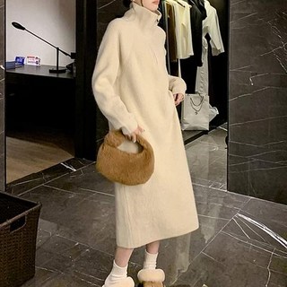 Chichills 高領拉鍊直條紋針織連身裙 01324 T, 象牙白