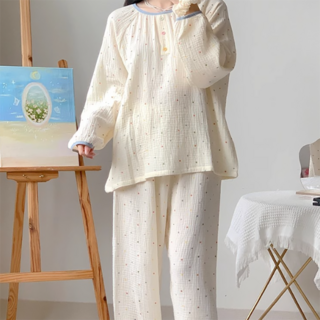 PEONIST 女款彩色圓點圓領配色睡衣上下套裝