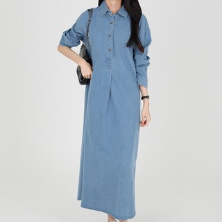 Moirbella 女款 Wonder 領牛仔長版連身裙 A24FW2-A0741, 淺藍色