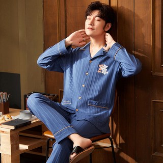 쁘띠쁘띠 男士格紋熊滾邊翻領長袖睡衣上下套裝 264107