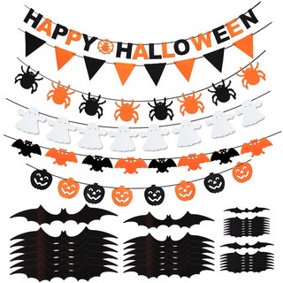 Party09 萬聖節毛氈拉旗6種 + PVC蝙蝠模型4種 x 7入 套組, 混合色, 1套