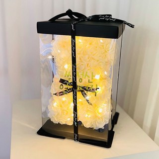 樂芙莉農場 人造花玫瑰熊 小 + 專用盒 + LED燈泡 + 字母貼紙 + 緞帶裝飾 套組, 象牙白 + 求婚