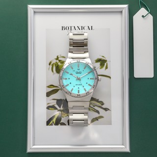 Q&Q 男士綠松石銀色日常時尚金屬腕錶