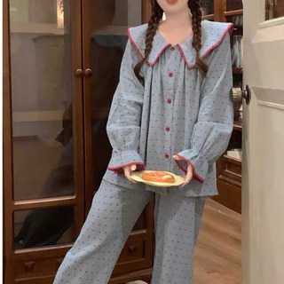 PEONIST 女士可愛抓皺迷你圓點荷葉邊睡衣上下套裝