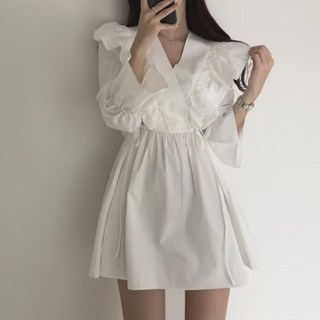 I'M MONG 女款基本版型V領大翻領綁帶泡泡袖迷你連身裙 R6S168, 白色