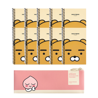 KAKAO FRIENDS 角色圖案扁平筆袋+線圈橫線小冊子 10入, 鉛筆袋(Apeach)+筆記本(Ryan), 1組