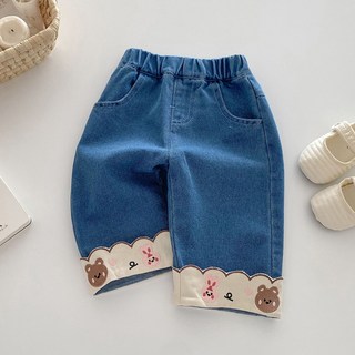JOYMULTI 女童款反摺刺繡寬版鬆緊牛仔褲