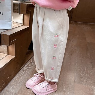 Starbean 女童櫻桃兔子刺繡鬆緊帶長褲