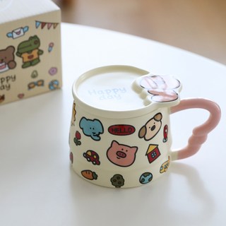 제이블룸 해피데이 애니멀 머그컵 400ml + 리드 컵뚜껑 + 선물포장 세트, 돼지(머그컵), 1세트