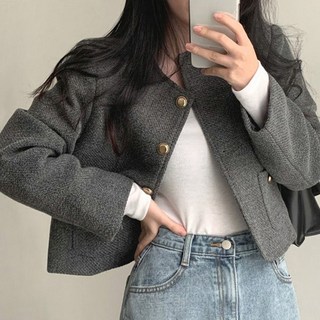 peilit 女性金色鈕扣微短版無領外套