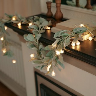 BEBEDECO 植物仿真花環 + 透明掛鉤 2入 + LED 暖色櫻桃燈泡 30燈, 綠色, 200cm, 1套