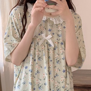 PEONIST 女性涼感蕾絲荷葉邊碎花連身裙睡衣
