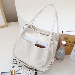 人造皮革雙口袋手提斜背包, 象牙