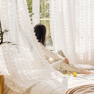 G&Y 絨毛雪花穿桿式紗簾 2入, 白色