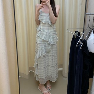 ViVEMO 時尚格紋荷葉邊細肩帶長洋裝 10574, 白色格紋