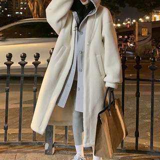 Goodif 女款羊毛感寬鬆連帽保暖長版大衣