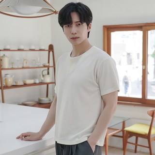 男士單釦華夫格亨利領短袖T恤