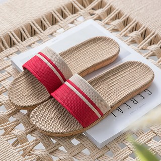 BonBon naturel 女款寬版雙色舒適透氣亞麻居家拖鞋 紅色 2雙 M