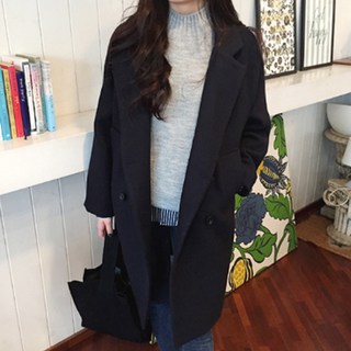 Goodif 女款基本款寬鬆毛呢單排釦大衣