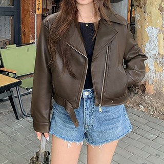 peilit 女性經典短版騎士皮革夾克