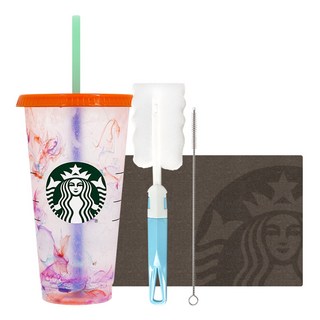 STARBUCKS 星巴克 大理石紋繽紛變色可重複使用冷飲杯 + 清潔刷禮盒組, 混合(冷飲杯), 隨機出貨(清潔刷), 710ml, 1套