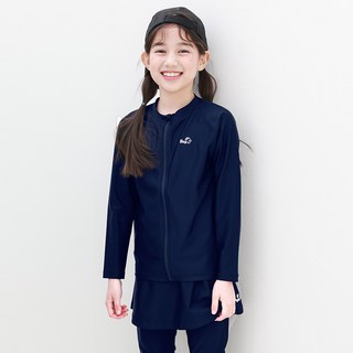 BAYJ 女童用防曬泳衣基本款拉鍊上衣 + 裙式內搭褲套裝