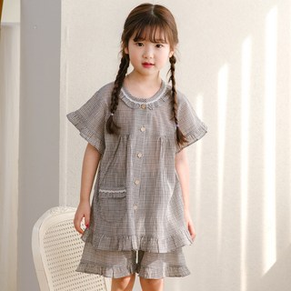 찌니야 여아용 통기성 감성체크 강연사 순면 잠옷 반팔상하세트