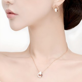 NOID-B 醫療鋼可愛方晶鋯石雙環耳環+項鍊套組 玫瑰金