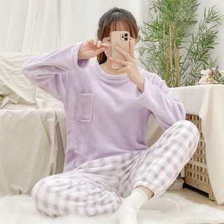 CocoDream 女款粉彩格紋超細纖維睡眠睡衣上下套組