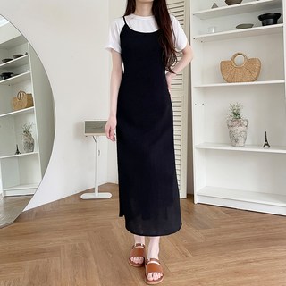 jalbba jean 女款 Rubina 可調式肩帶泡泡紗細肩帶側開衩馬甲式連身裙, 黑色