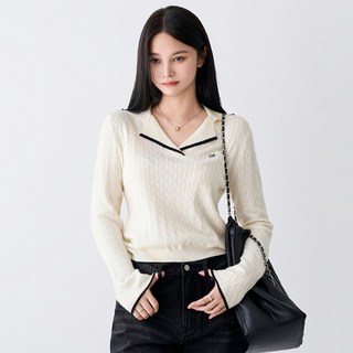 女性刺繡麻花撞色翻領針織衫 #112468