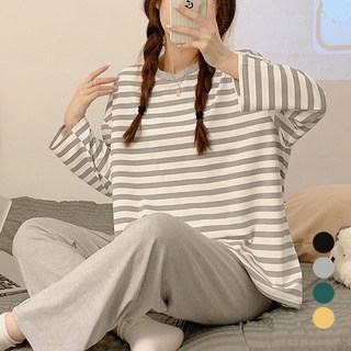 Elsso 女款日常條紋長袖上衣+下身家居服套裝