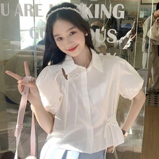 PEONIST 鏤空短版甜美Polo領氣球袖襯衫