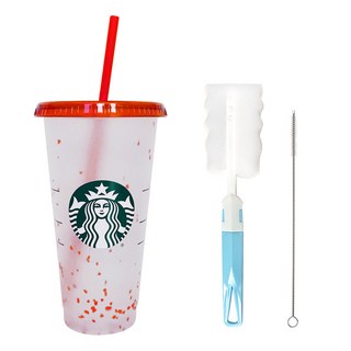 STARBUCKS 星巴克 夏季派對彩紙變色可重複使用冷飲杯 + 清潔刷禮物套組, 紅色(冷飲杯), 隨機發貨(清潔刷), 710ml, 1個
