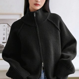 THE SYRUP 女款素色高領棒球針織拉鍊外套