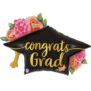 GRABO BALLOONS 銀箔畢業花朵學士帽氣球, 混合色, 1個