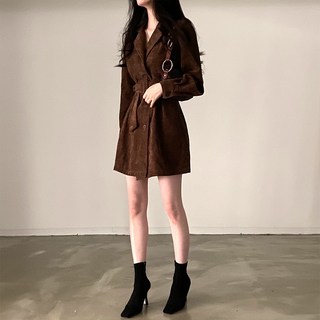 ViVEMO Ruenhai 燈芯絨附腰帶迷你連身裙 10903, 棕色