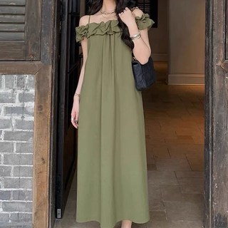 Goodif 女性魅力無袖露肩荷葉邊連身裙, 綠色