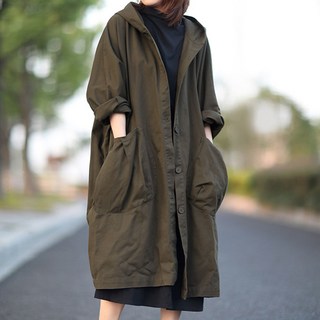 MEICHEL Camellang鈕扣連帽Oversize長版軍裝風衣外套 11174