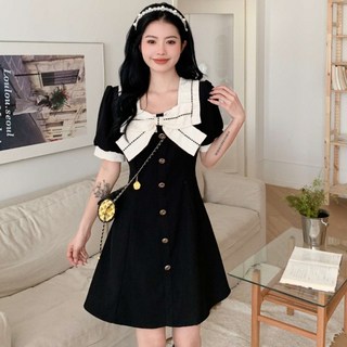 PEONIST 蝴蝶結方領迷你連身裙, 黑色