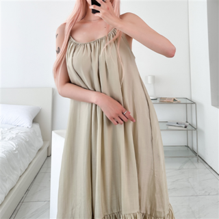 GLAM DIVV Rodizon 抓皺寬版無袖長版連身裙 AH0130, 卡其色