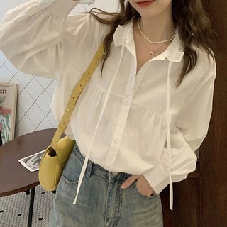 I'M MONG 女款大翻領寬鬆抓皺襯衫