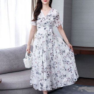 TheSirup 女款V領碎花圖案長版連身裙, 白色