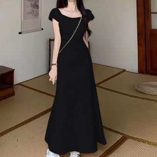 PEONIST 方領短袖長版洋裝, 黑色
