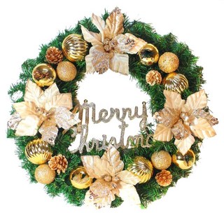 浪漫朵朵 聖誕花豪華聖誕花圈 福臨圈 20吋, 香檳雙金系, 1個